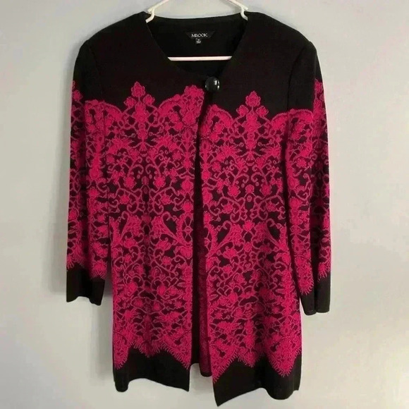 Misook Knit Open Front Jacket Cardigan Topper Medium M Black Pink Preppy Career - Picture 1 of 9
